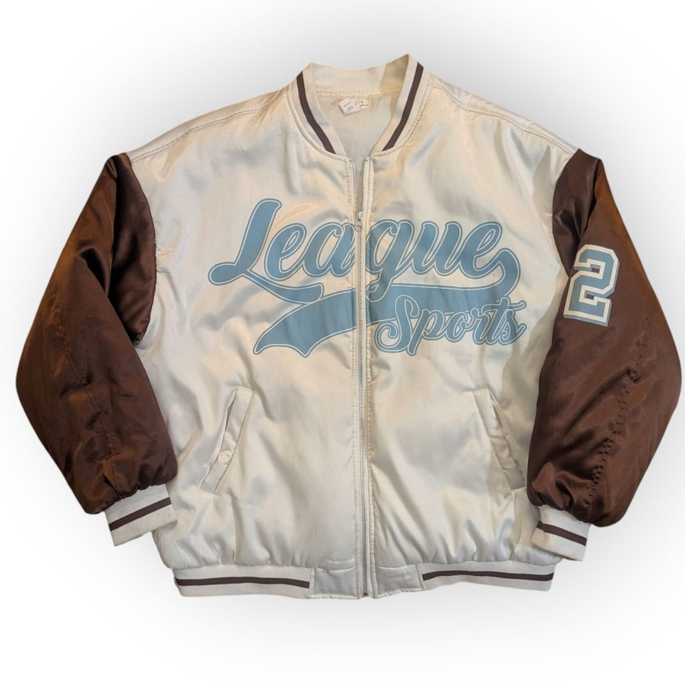 League Sports Women's Varsity Bomber Jacket in Cream and Brown
